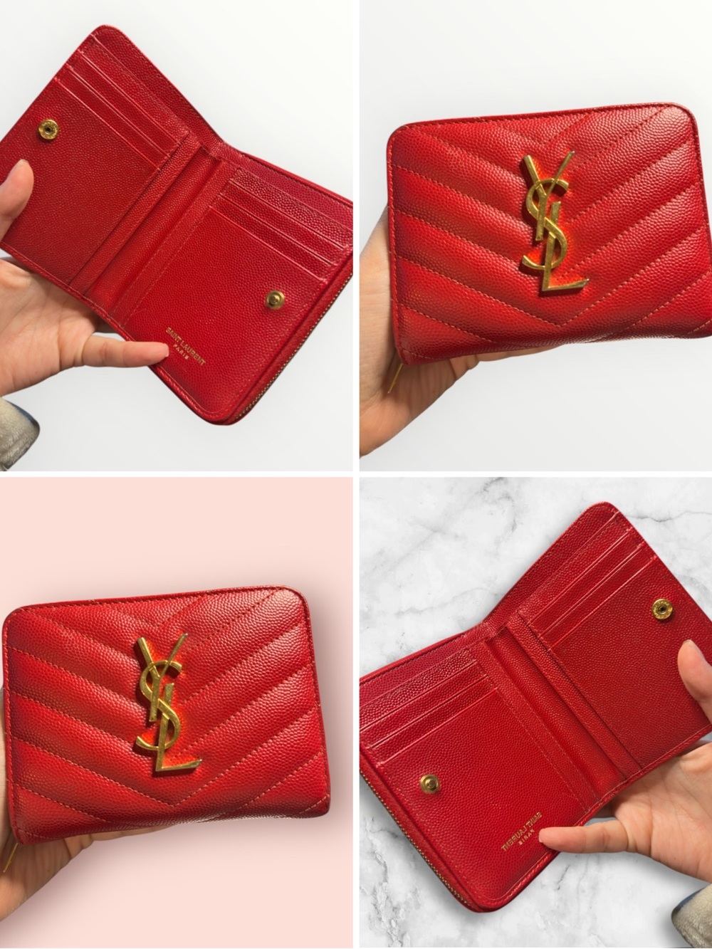 Saint Laurent Red Quilted Zip-Around Wallet with Gold YSL Emblem - Picture 6 of 6